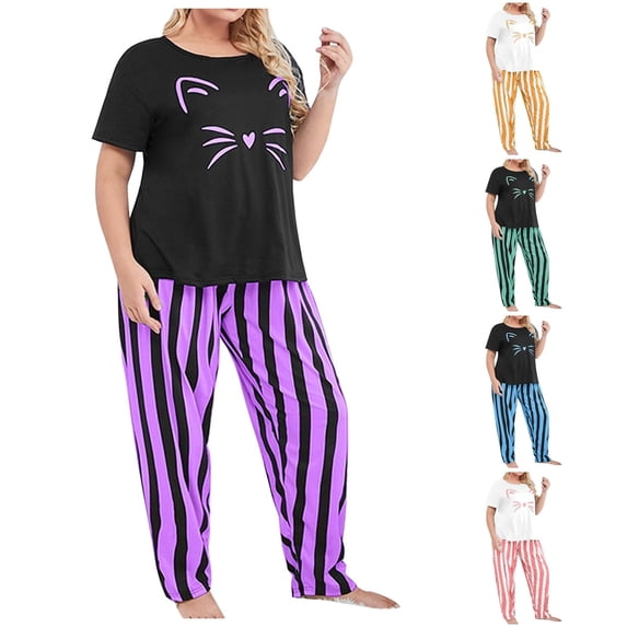 Weebloom Women'S Pajamas Plus Size Pajamas Short Sleeve Tee And Striped Pants Sets Sleepwear Nightwear Pjs Loungewear Purple 2Xl