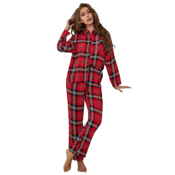 Weebloom Womens Christmas Loungewear Plaid Sets Long Sleeve Button Down Soft Sets Pjs Pajamas Red L