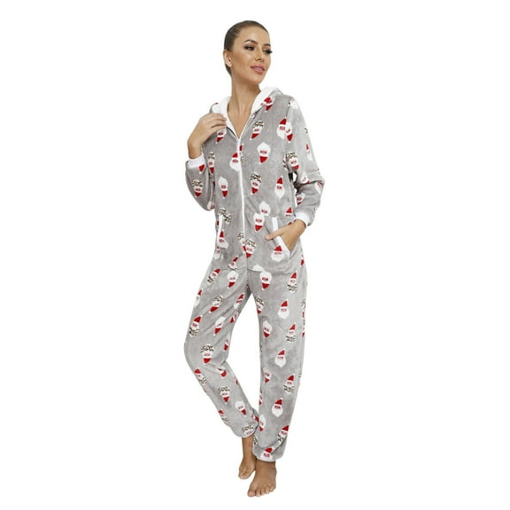 Weebloom Womens Christmas Sleepwear Xmas Hooded Jumpsuit Rompers Clubwear Plush Onesie Nightwear Pjs Grey L