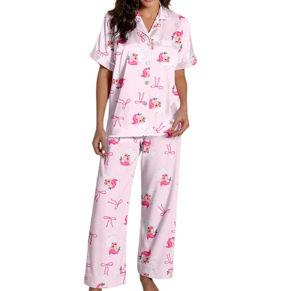 Weebloom Womens Christmas Sleepwear Print Short Sleeve Button Down Tops With Soft Pants Comfy Holiday Nightwear Pjs Pink Xl