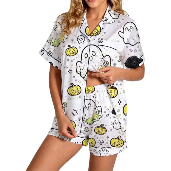 Weebloom Womens Halloween Pajama Sets Pumpkin Short Sleeve Button Up Tops and Shorts Summer Fall 2 Piece Set Comfy Loungewear,Size S-2Xl