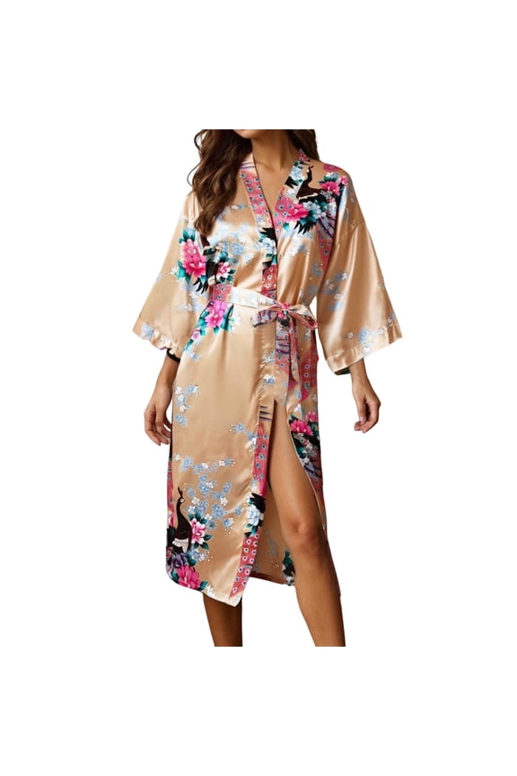 Womens Loungewear Floral Print Ladies' Print Long Robe Lightweight Bathrobe Sleepwear Nightwear Pjs Loungewear Yellow L
