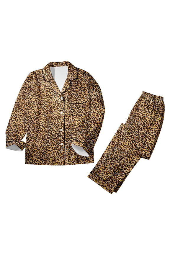 Womens Pajamas Cozy Long Sleeve Button Up Pajama Leopard Printed Comfort Sleepwear Nightwear Pjs Loungewear Gold S