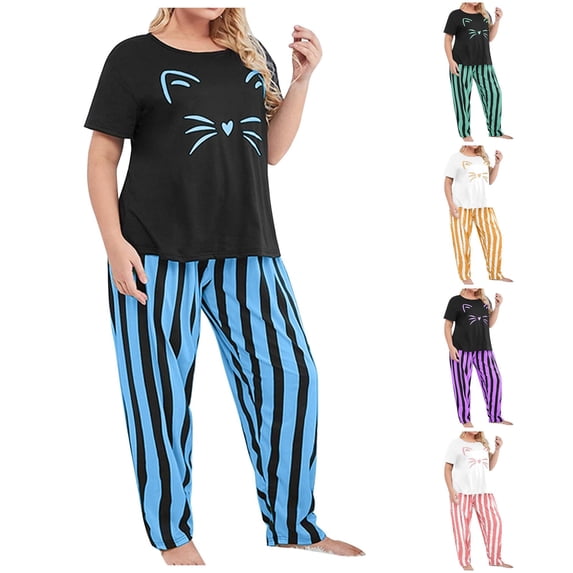 Weebloom Womens Summer Pajamas Sets Plus Size Pajamas Short Sleeve Tee And Striped Pants Sets Sleepwear Nightwear Pjs Loungewear Blue Xl