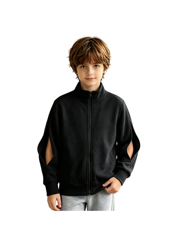 Zip Up Hoodie Little Boy Fleece Jacket With Pocket Turtleneck Fall Winter Tops Coats Black