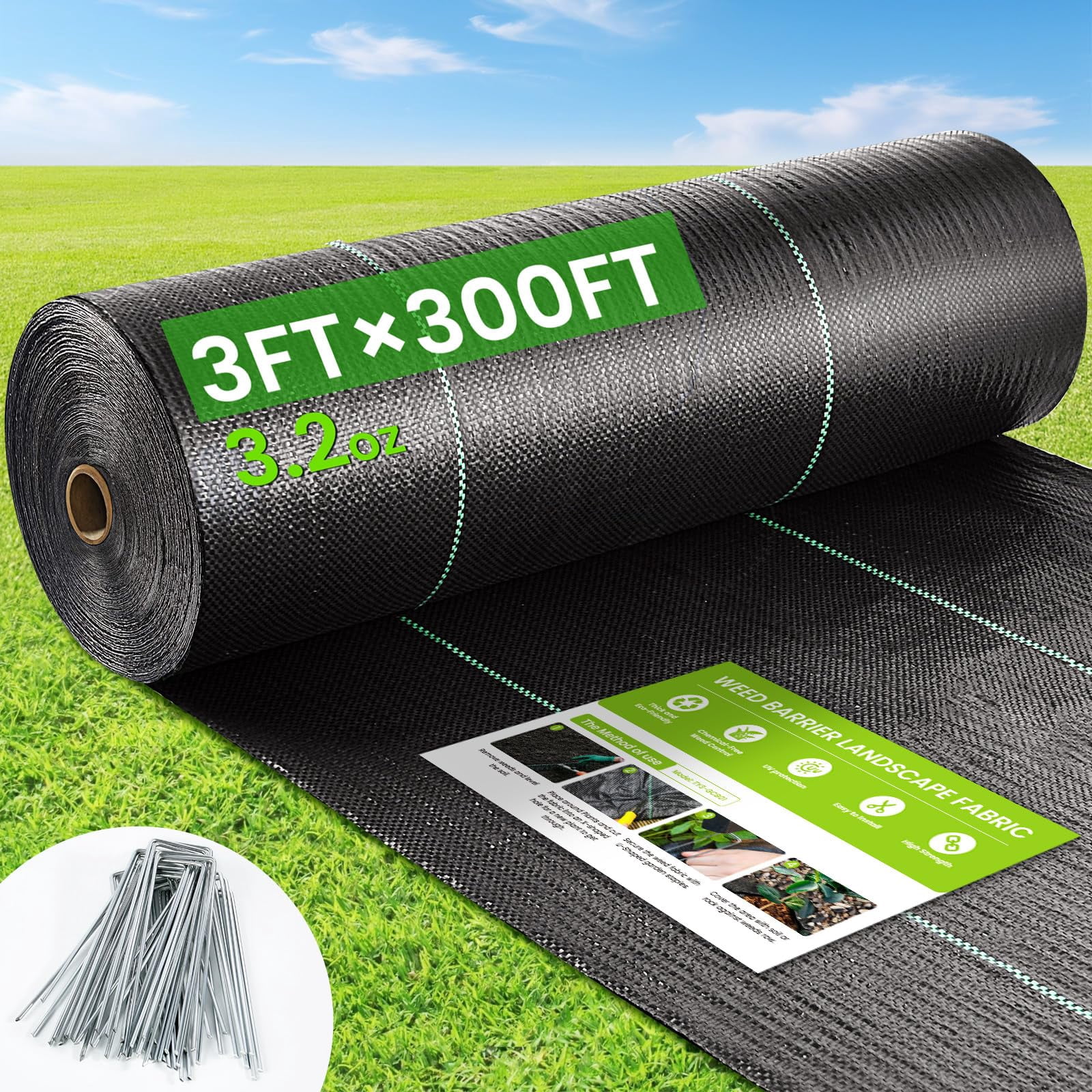 Weed Barrier Fabric  3x300ft Landscape 3.2oz Heavy Duty Durable Woven Geotextile High Permeability Ground Cover Mat Driveway Garden Control Cloth With 20 U-securing Pegs