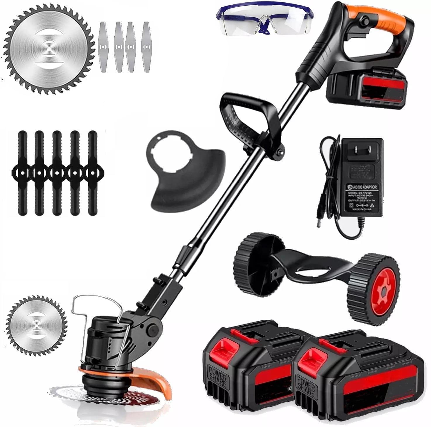 24V Cordless Electric Grass String Trimmer / Weed Eater With 2 Batteries, 8 Blades, Wheels – 18000 RPM