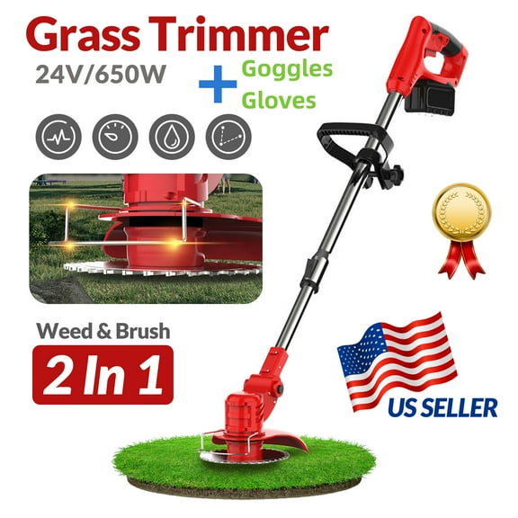 Weed Eater Electric, Weed Wacker Electric, 24V Cordless Electric Grass Trimmer W/2 Batteries Goggles Gloves, 3 Types Cutting Blades for Lawn, Yard, Garden, Bush Trimming & Pruning