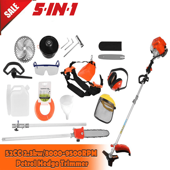 Weed Eater Gas Powered,52cc 2 Stroke Gas Weed Wacker, 5 in 1 Multi Functional Trimming Tools,Gas Hedge Trimmer,String Trimmer,Weed Eater,Brush Cutter,Pole Chainsaw with Extension Pole 9500rpm 2.3kw