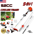thumbnail image 1 of Weed Eater Gas Powered,52cc 2 Stroke Gas Weed Wacker, 5 in 1 Multi Functional Trimming Tools,Gas Hedge Trimmer,String Trimmer,Weed Eater,Brush Cutter,Pole Chainsaw with Extension Pole 9500rpm 2.3kw, 1 of 12