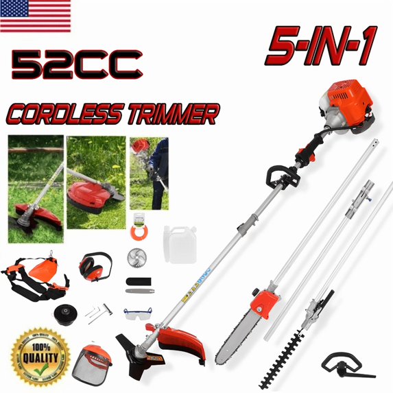 Weed Eater Gas Powered,52cc 2 Stroke Gas Weed Wacker, 5 in 1 Multi Functional Trimming Tools,Gas Hedge Trimmer,String Trimmer,Weed Eater,Brush Cutter,Pole Chainsaw with Extension Pole 9500rpm 2.3kw