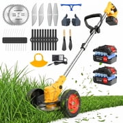 Weed Eaters, Cordless Weed Trimmer with Wheels, 2Pcs 4000mAh Batteries, Adjustable Length, 650W Grass Trimmer/Edger/Brush Cutter for Lawn Yard Garden Maintaining Yellow