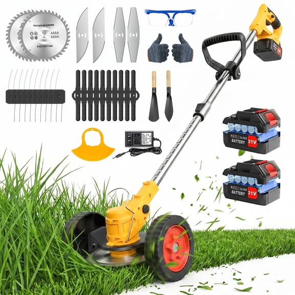 Weed Eaters, Cordless Weed Trimmer with Wheels, 2Pcs 4000mAh Batteries, Adjustable Length, 650W Grass Trimmer/Edger/Brush Cutter for Lawn Yard Garden Maintaining (Yellow)
