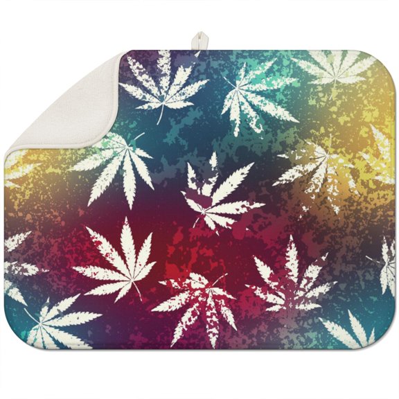 Weed Leaf Dish Drying Mat – Hemp Leaf and Rasta Marijuana Leaf Design with Trippy Cannabis Leaf Print