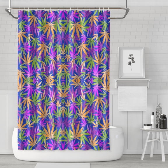 Weed Leaf Shower Curtain - Psychedelic Cannabis Bathroom Drape, Waterproof & Quick-Dry, Reinforced Rust-Resistant Grommets, Includes 12 Hooks, 72x72 Inches, Neon Marijuana Leaf Glow in The Dark