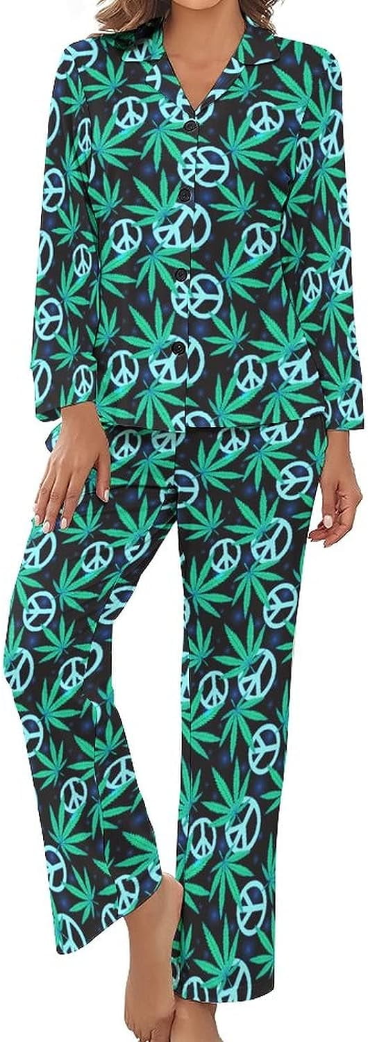 Weed Leafs And Peace Symbol Women's Pajamas Set Button Down Sleepwear ...