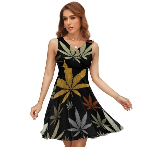Weed Multicolored Black Background Dress Summer Street Style Dresses Female Sleeveless Printed Sundress