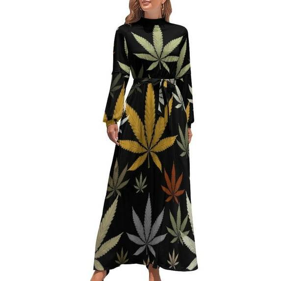 Weed Multicolored Black Background Women's Long Dress Long Sleeves Dress Vintage Dresses Party Maxi Dress High Waist Dress