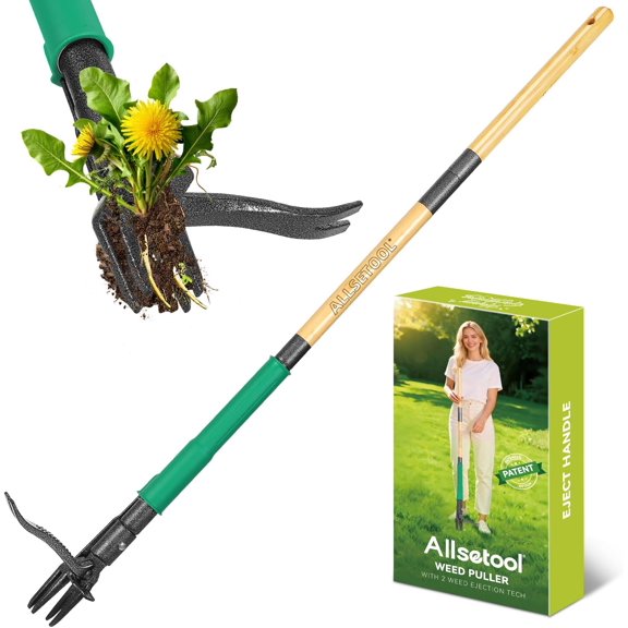 Weed Puller Tool with 2 Eject Feature, 43.7in Stand Up Dandelion Remover Tool, Real Bamboo Handle and Metal 4 Claw & Foot Pedal, Heavy Duty Garden Weeder