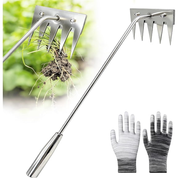 Weed Puller Tool - 2026 Portable Manual Weeding Tools Gardening, 5 Teeth Head Stainless Steel Hand Garden Weeding Rake, Weed Remover Tool for Vegetable Gardening Yard Backyard Farm Planting & Weeding