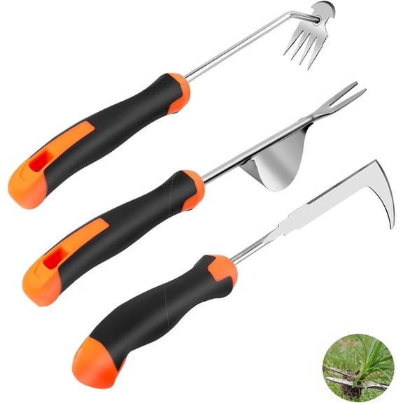Weed Puller Tool, 3 Pack Hand Weeder Stainless Steel Dandelion Remover for Lawn Care, 4 Teeth Manual Crack Weeder, L-Shaped Weeding Tool with Ergonomic Handle Garden, Flower Beds, Patio