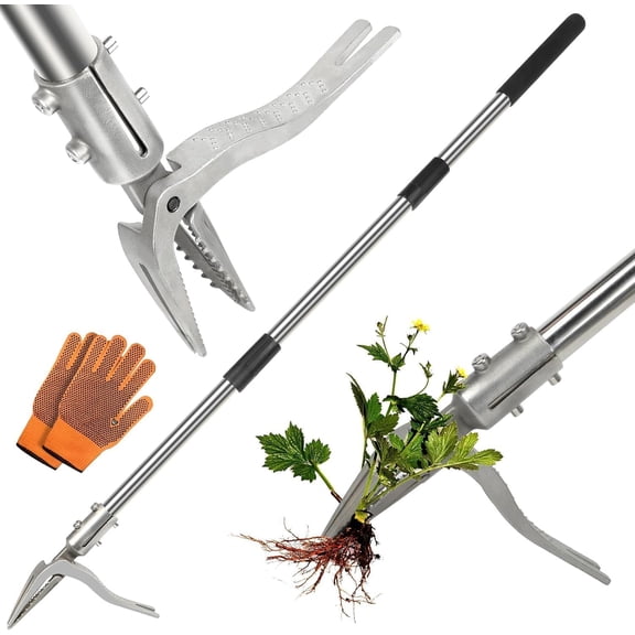 Weed Puller Tool with Gloves, Manual Stand Up Weeding Picker Tool, Heavy Duty Weeder Remover 4 Claw Steel Head for Garden, Yard, Lawns, Sidewalk, Grass