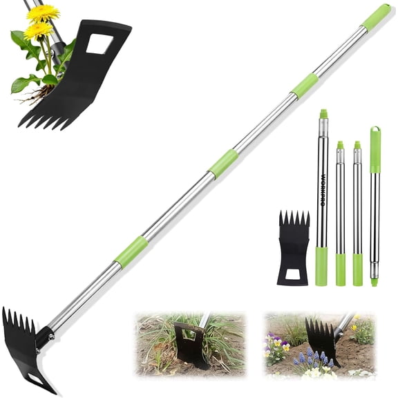 Weed Puller Tool with Long Handle 2-in-1 Garden Hoe & Weed Rake, 29"-56" Adjustable Manual Weeding Tool, Uprooting Weed Remover Gardening Weeder Tools for Yard, Lawn, Patio and Garden