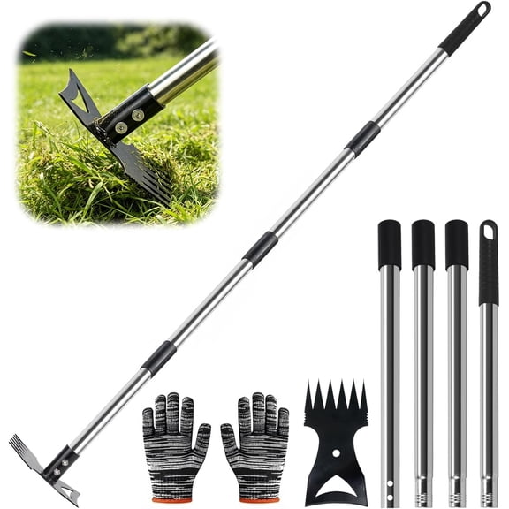 Weed Puller Tool with Long Handle 58" Manual Weeder Remover Tool, 2-in-1 Handle Garden Hoe and Weed Rake, Hoe Garden Tool, Uprooting Weeding Tool for Yard, Lawn, Patio and Garden