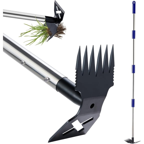 Weed Puller Tool with Long Handle, 60'' Remover Weeding Tool, Heavy Duty 2 in 1 Manual Rake and Garden Hoe, Gardening Weeder Tools for Yard, Lawn, Patio, Blue
