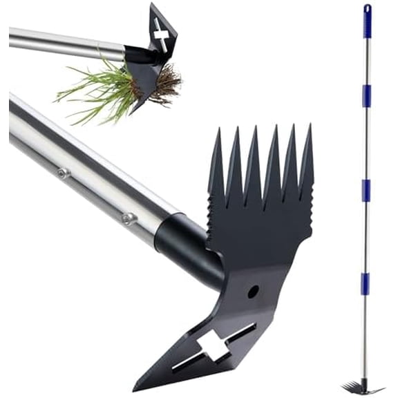 Weed Puller Tool with Long Handle, 60'' Weed Remover Weeding Tool, Heavy Duty 2 in 1 Manual Weed Rake and Garden Hoe, Gardening Weeder Tools for Yard, Lawn, Patio, Garden Blue$$Garden & Patio