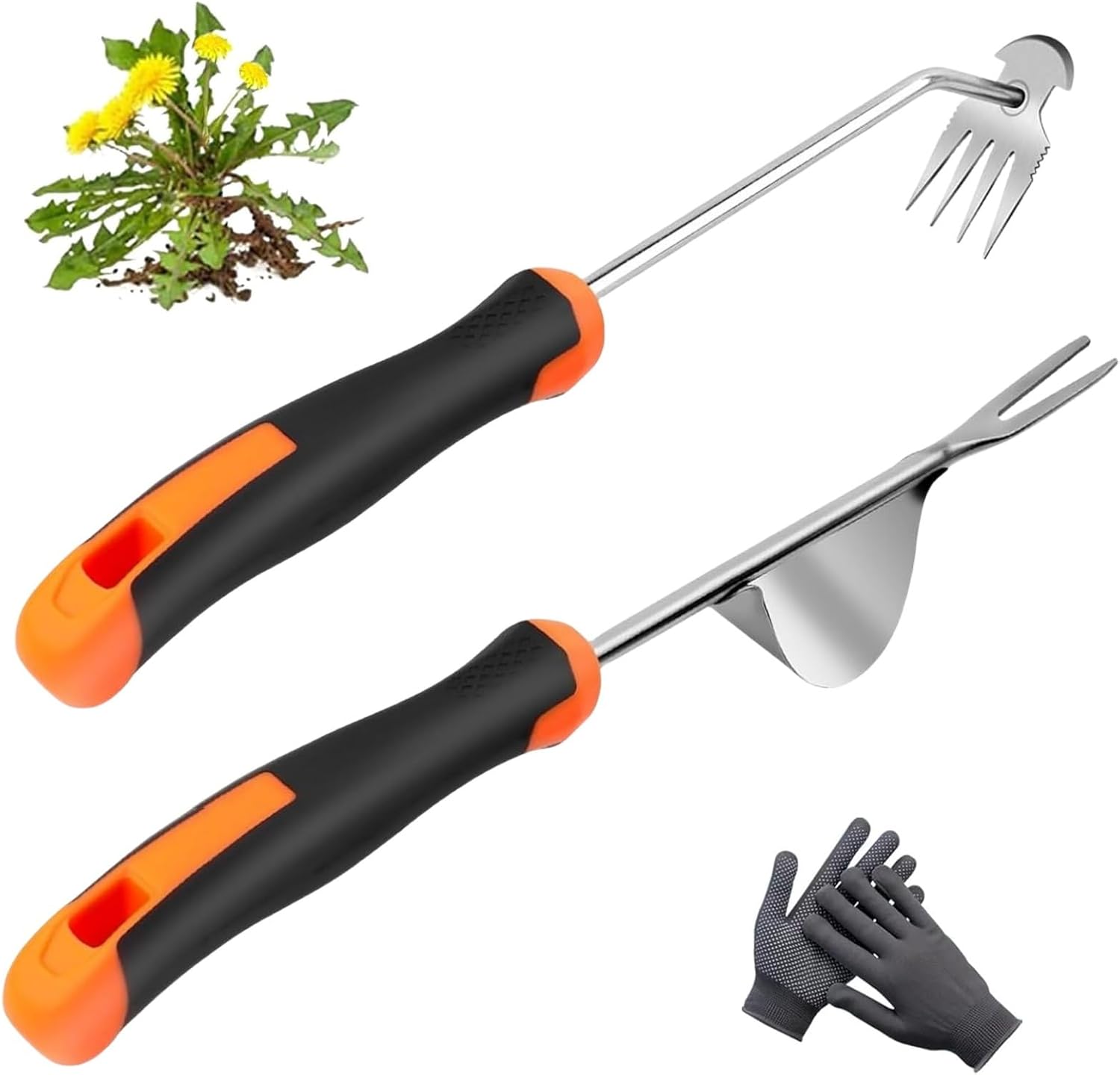 Weed Puller Tool， New Garden Weeder Tool Stainless Steel Hand Tool,4 Teethes Dual Purpose Remover Weeding Tools for Gardening(2PCS)