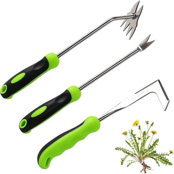 Weed Puller Tool Set, 3-Piece Stainless Steel Garden Weeder Tool Kit, Manual Crack Weeder Crevice Weeding Tool, Hand Weeder Tool for Dandelion, Uprooting Weeding Tools for Garden (Green (3 pcs))