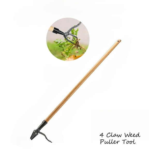 Weed Puller Tool Stand Up Heavy Duty Weed Remover Tool with Long Handle- 4-Claw Steel Head Design - 44" Long Ergonomic Handle, Wooden Weeding Tool