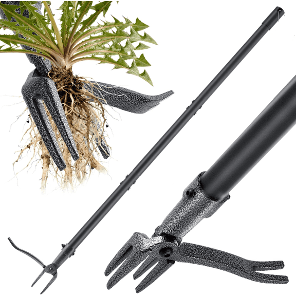 Weed Puller Tool Stand Up Weeder with Long Handle & 4-Claw Steel Head Manual Weed Remover Tool for Lawn and Garden