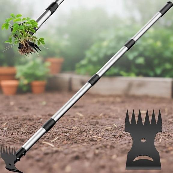 Weed Puller Tool with Long Handle  2-in-1 Handle Garden Hoe and Weed Rake for Gardens, Lawns, and Yards