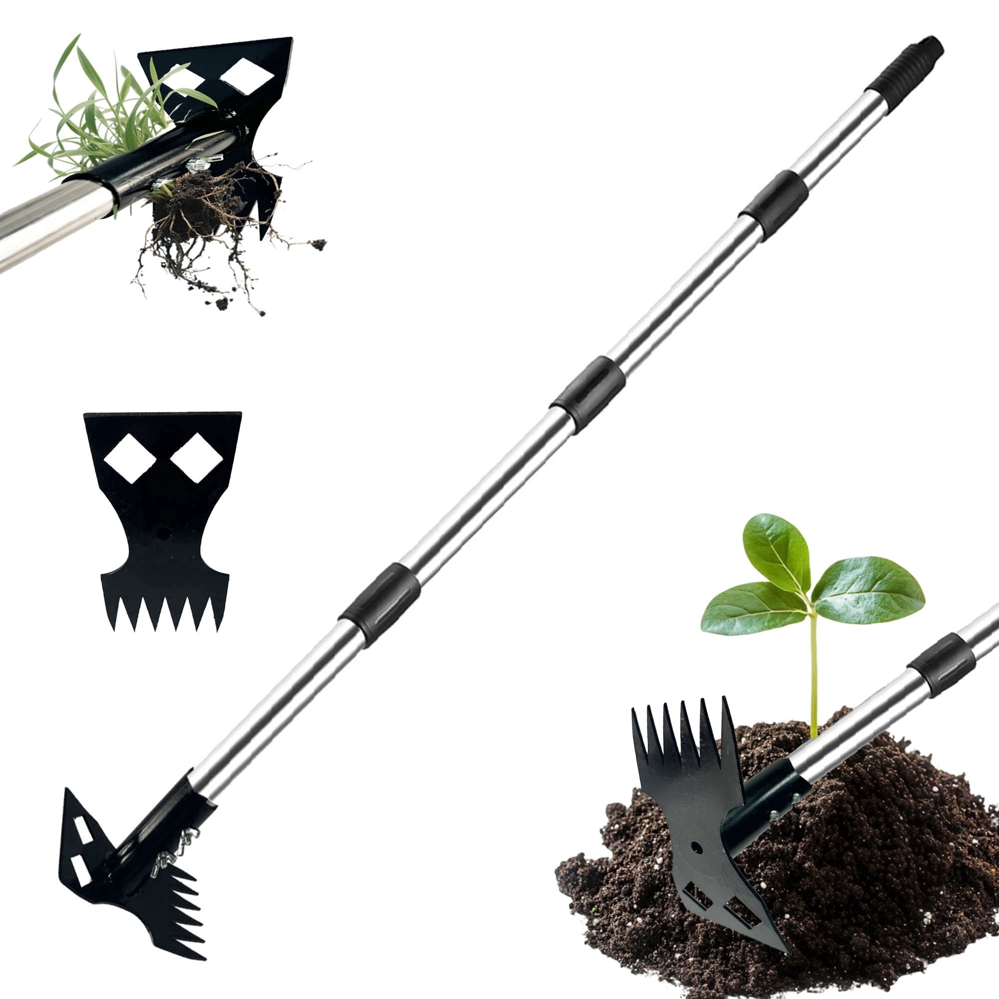 2 in 1  Weed Puller Tool with Long Handle - Adjustable Manual Weeder Remover Tool, Hand Weed Rake and Garden Hoe for Gardening, Yard, Lawn and Patio