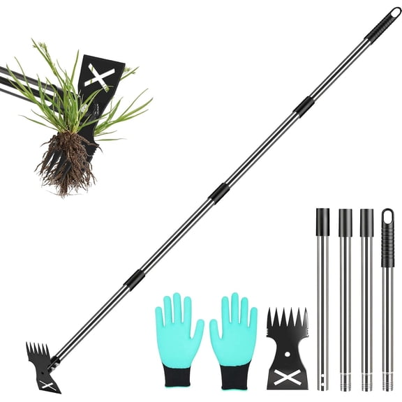Weed Puller Tool with Long Handle-Vertical Adjustable Weeder, 2-in-1 Garden Hoe and Weeding Rake Combination, for Garden, Lawn, Farm Courtyard