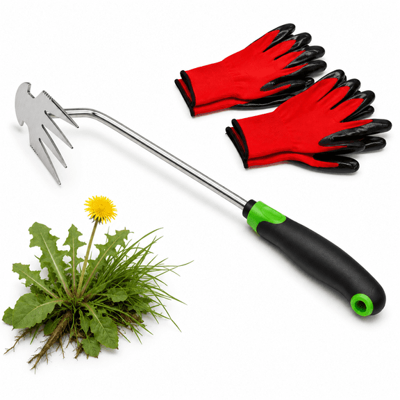 KOYMISKU Weed Puller Tool, Portable 4-Tine Garden Weeding Tool with 201 Stainless Steel Head, Ergonomic Handle & 2 Pairs Gloves for Garden, Yard and Planting