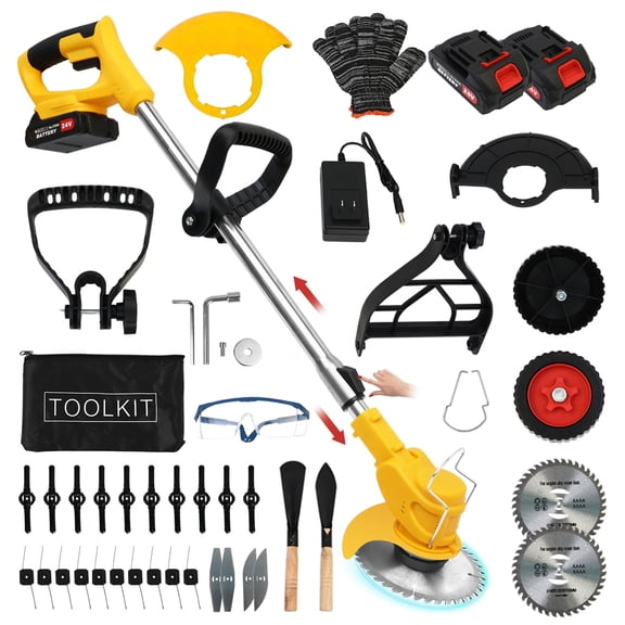 Weed Trimmer Cordless, 200W 24V Battery Operated Weed Eater Electric Grass Trimmer with Wheels, 3 in 1 Battery Powered Weed Wacker, Yellow