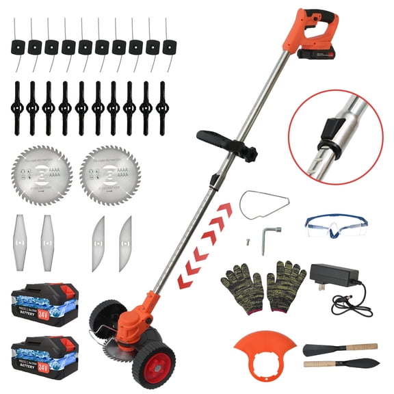 Weed Trimmer Cordless, 24V 650W Battery Operated Weed Eater Electric Grass Trimmer with Wheels, 3 in 1 Battery Powered Weed Wacker, Red