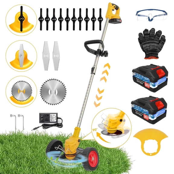 Weed Wacker Cordless, 24V 3-in-1 Electric Weed Eater, Weed Trimmer with Wheels, Blades 2 *2.0 Ah Batteries Powered for Lawn Garden Patio Tool