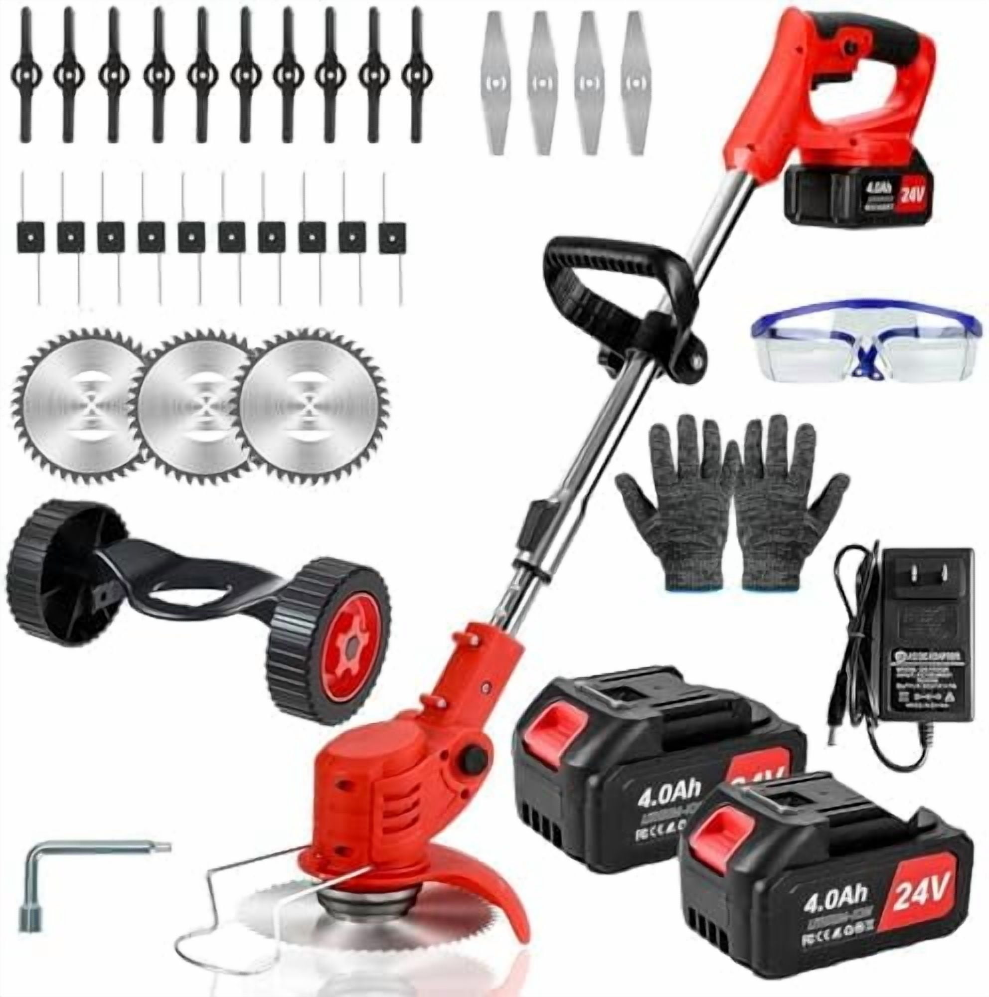Weed Wacker Cordless,24v Electric Weed Eater Battery Powered,3 in 1 Lightweight Grass Trimmer with 2 4.0 Ah Batteries & Charger, Height Adjustable Brush Cutter for Women,Lawn Care,Garden,Yard (Red)