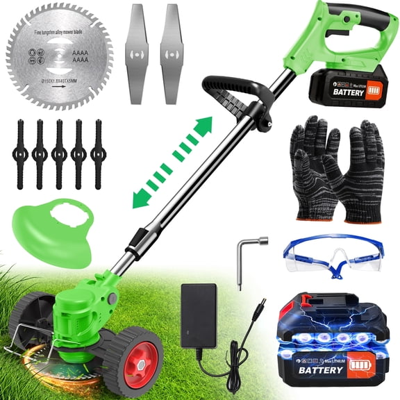 Weed Wacker Cordless, 3-in-1 Lightweight Electric String Trimmer with 3 Types of Blades, Wheels, 24V Battery, Weed Eater Grass Trimmer/Edger/Brush Cutter for Lawn Yard Garden (Green)