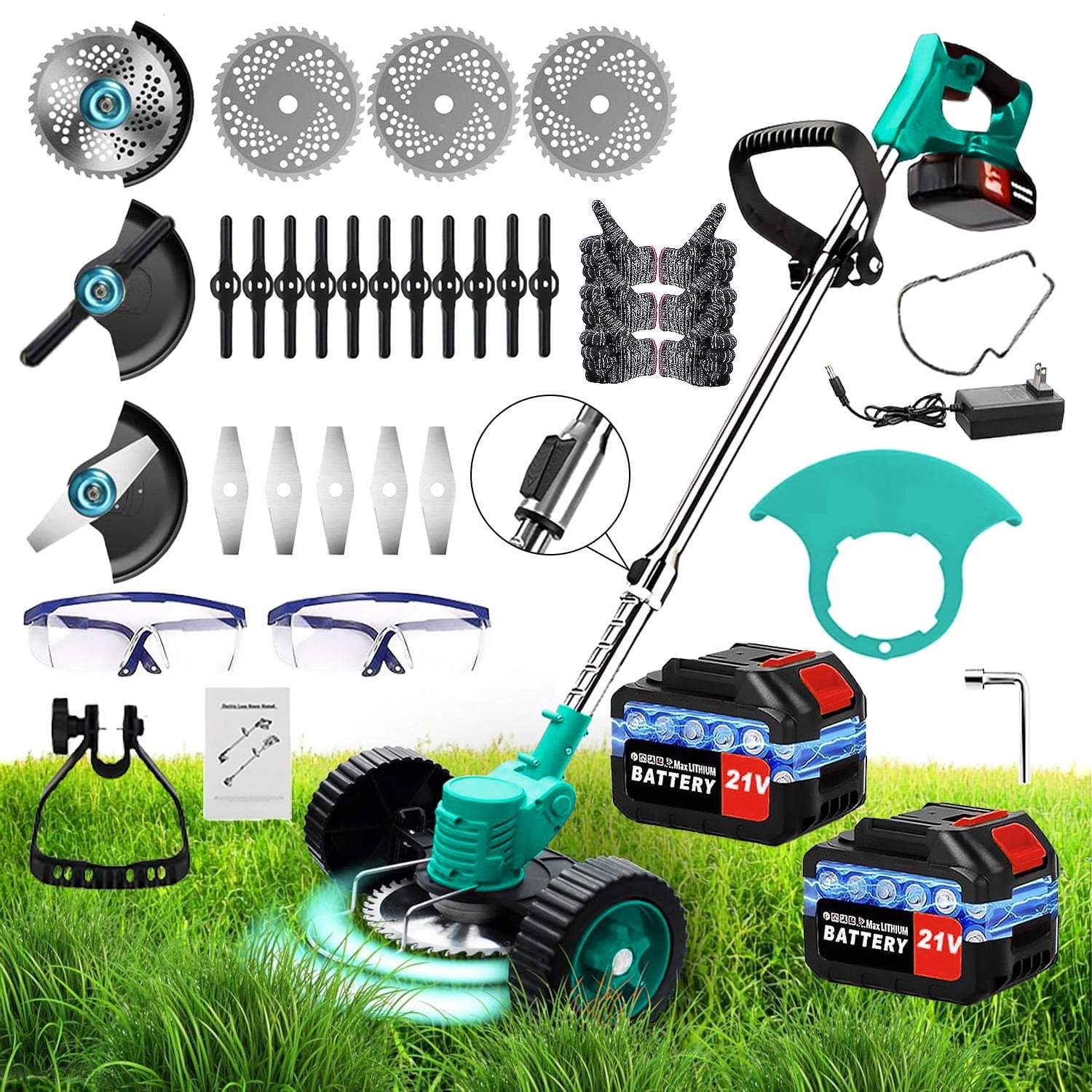 Weed Wacker Cordless Adjustable Weed Eaters wheel mower3 in 1 Electric String Trimmer Lawn with Two Battery with Charger Comes with Multiple Blades for Yard,Green,Garden gifts for Dad