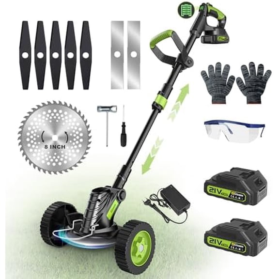 Weed Wacker Cordless, Brushless String Trimmer with 2 X 2.0Ah Battery, 8" Electric Grass Cutter, 3 in 1 Weed Eater with 3 Types Blade & Wheels for Garden/Lawns$$Garden & Patio