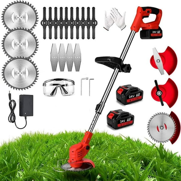 Weed Wacker Cordless Grass Trimmer Electric Weed 90~120cm Retractable, 3 Kinds of Adjustable Blades, 24v Electric Cordless Garden Trimmer with Battery and Charger for Garden (RED)