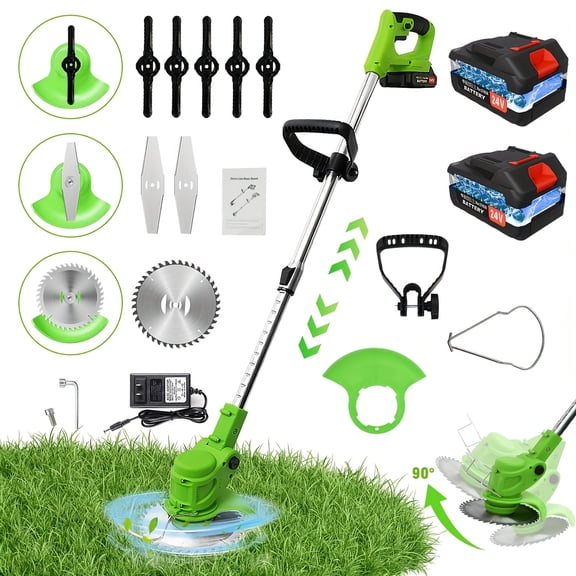 Weed Wacker, Cordless Weeder Battery Powered 24V Electric Weed Eater Edging Lawn Tool, Battery Powered Weeder Brush with 3 Types Blades, Cordless Trimmer for Garden And Yard (White)