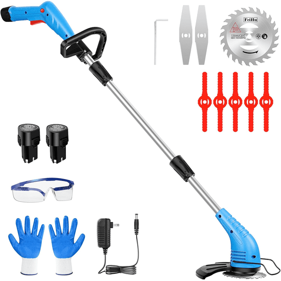 Weed Wacker Cordless, 12V Battery Powered Lawn Edger, Grass Cutter with 2 * 2000mah Rechargeable Batteries and 3 Types of Blades Lightweight Electric Mower for Garden Yard Lawn