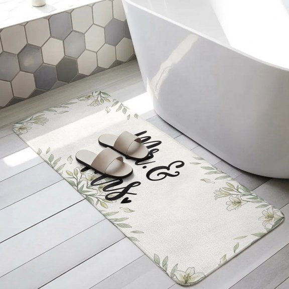 Weeding Bathroom Runner Rugs Non Slip Washable Absorbent Narrow Long Bath Mat Romantic Mr Mrs Flowers Leaves Branches Runner Rugs for Kitchen Hallway Bedroom Laundry Study Room 15.7"x47.2"