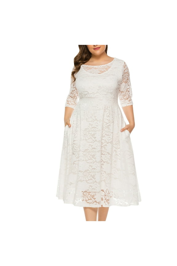 Weeding Guest Dresses for Women Full Length Plus Maxi Dress Hollow Lace Elegant Cocktail Dress Long Dress with Pocket(White,3XL)